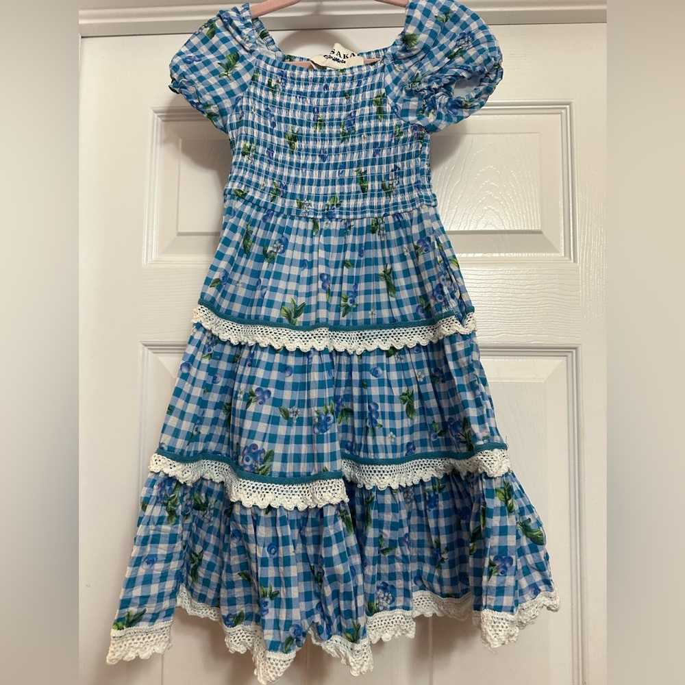 JessaKae mini blueberry muffin Blue and White Gingham Floral Crochet-Trim Dress
